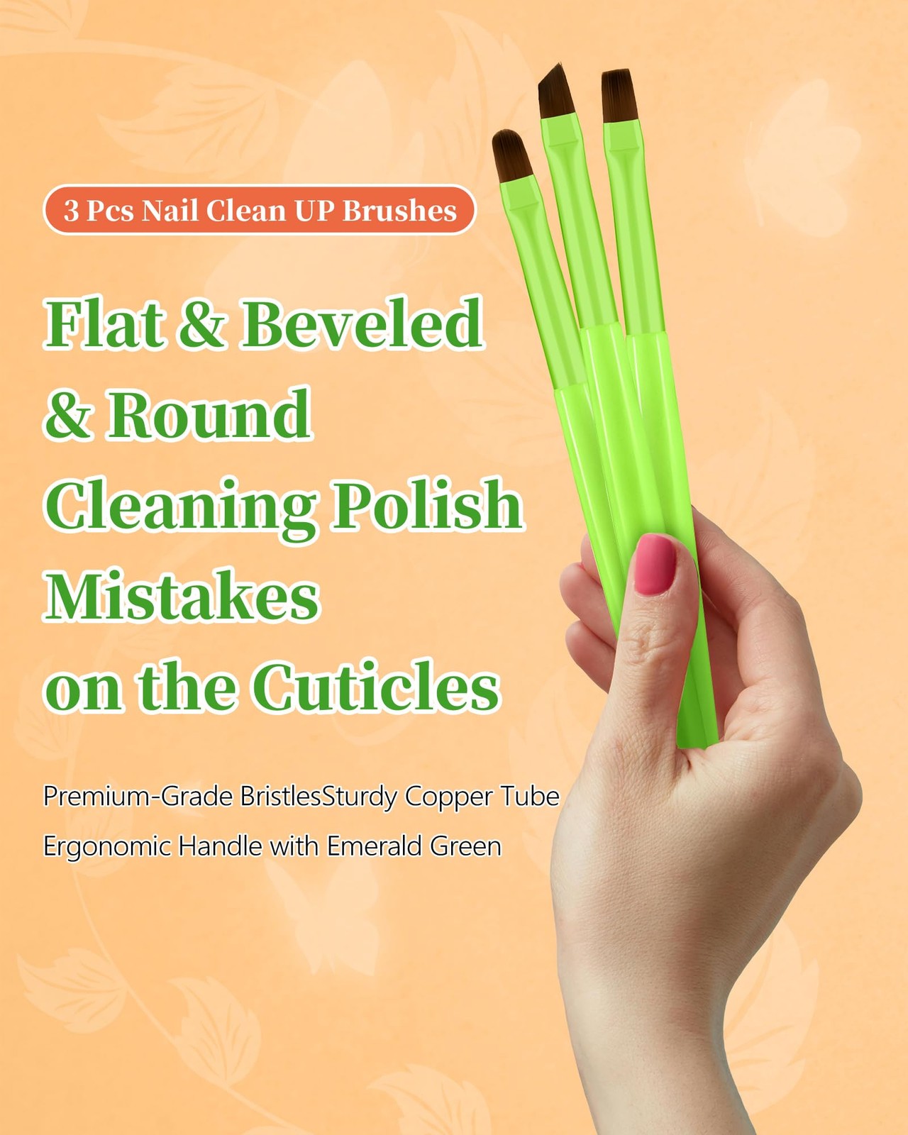 3PCS Nail Polish Clean Up Brush, Round&Falt&Angled Acetone Bright Green