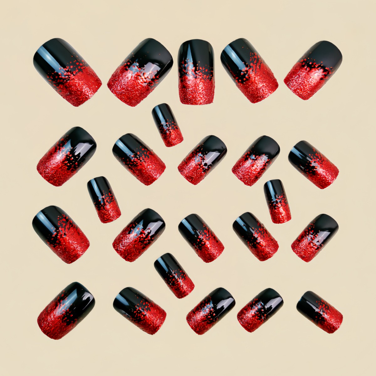 48 Pcs of Red Glitter Gradient Medium To Long Oval Nail Art, Suitable for Women