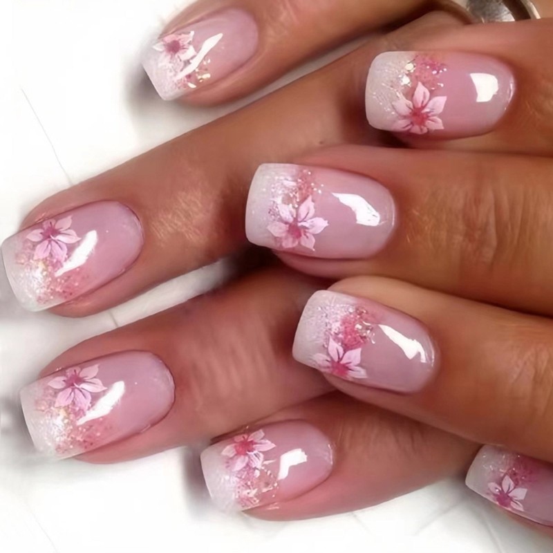 24 Pieces Flower Press on Nail Short Glittering on Nail Glossy False Nail