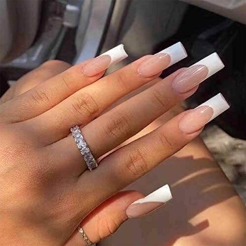 Hkanlre Square Long Press on Nails French Fake Nails Nude Full Cover Xl style 2