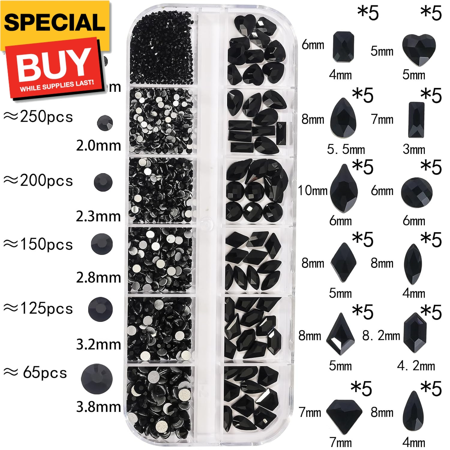 Black Nail Rhinestones Kit Flatback Crystal Black Glass Gems Stones 1450Pcs Nail