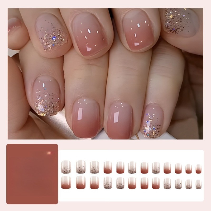 48P-Shimmer Glitter Press on Nails Short Square Nail Pink Gradient Gloss Finish