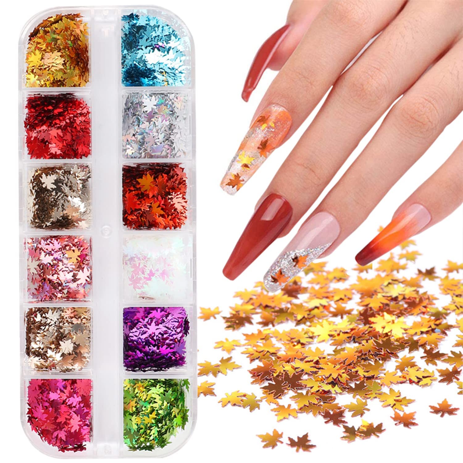 12 Colors 3D Fall Leaves Nail Art Glitter Sequins, Maple Leaf Design DIY