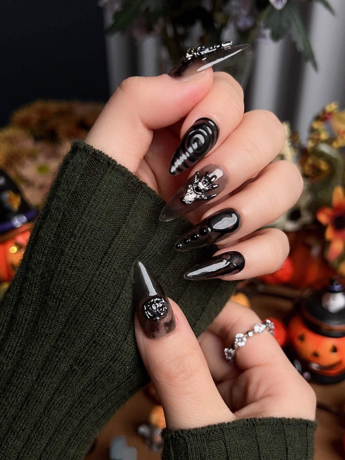Custom Handmade Halloween Skeleton Hand Spider Web Cross Charms Press on Nails