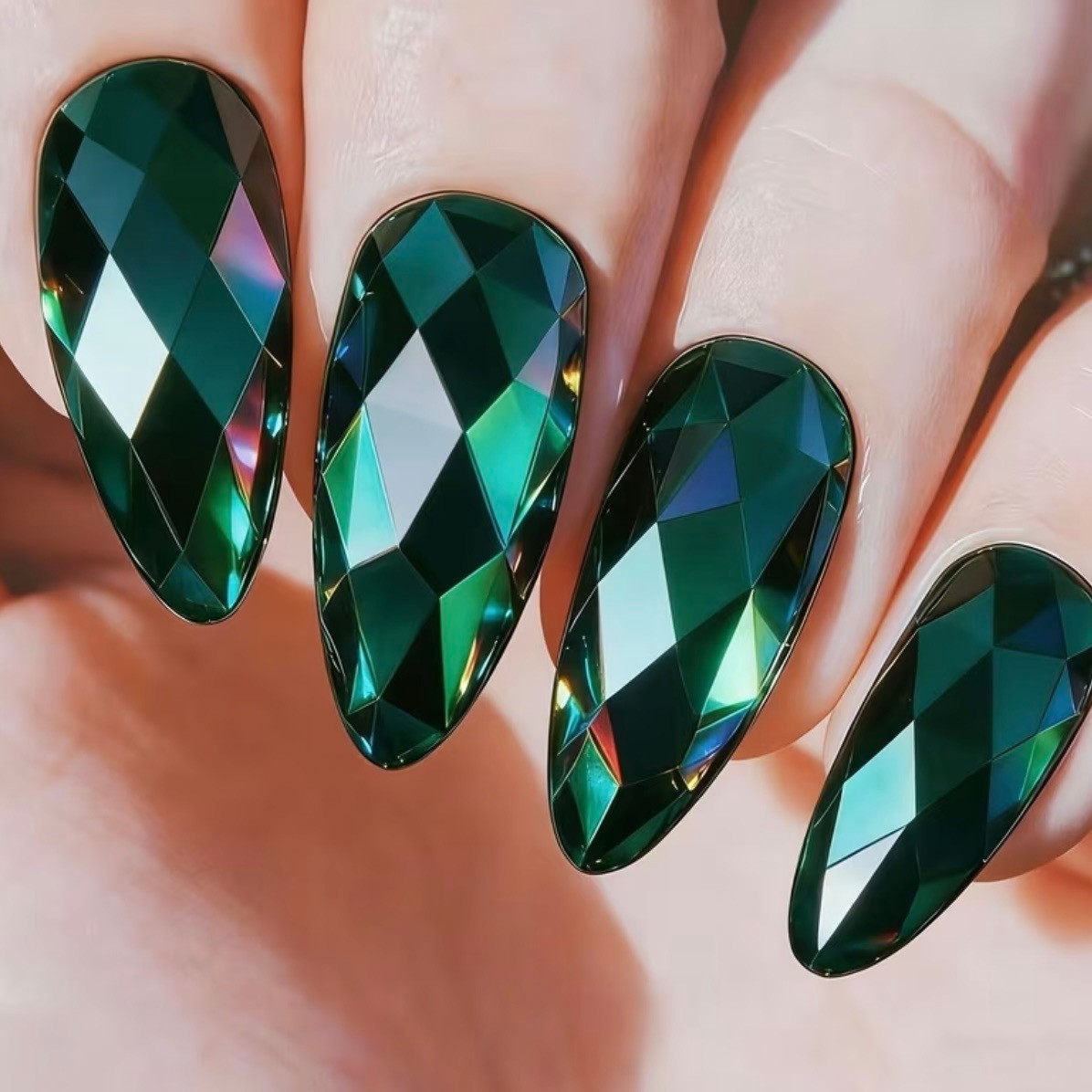 New! 24 3D Chrome Green & Purple Iridescent Long Length Almond Press on Nails