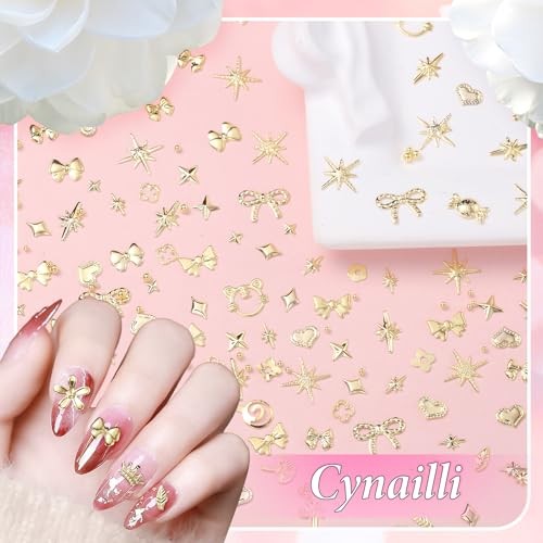 2 Boxes 3D Gold Nail Charms, Assorted Bow Bowknot Heart Star Alloy Nail Studs,