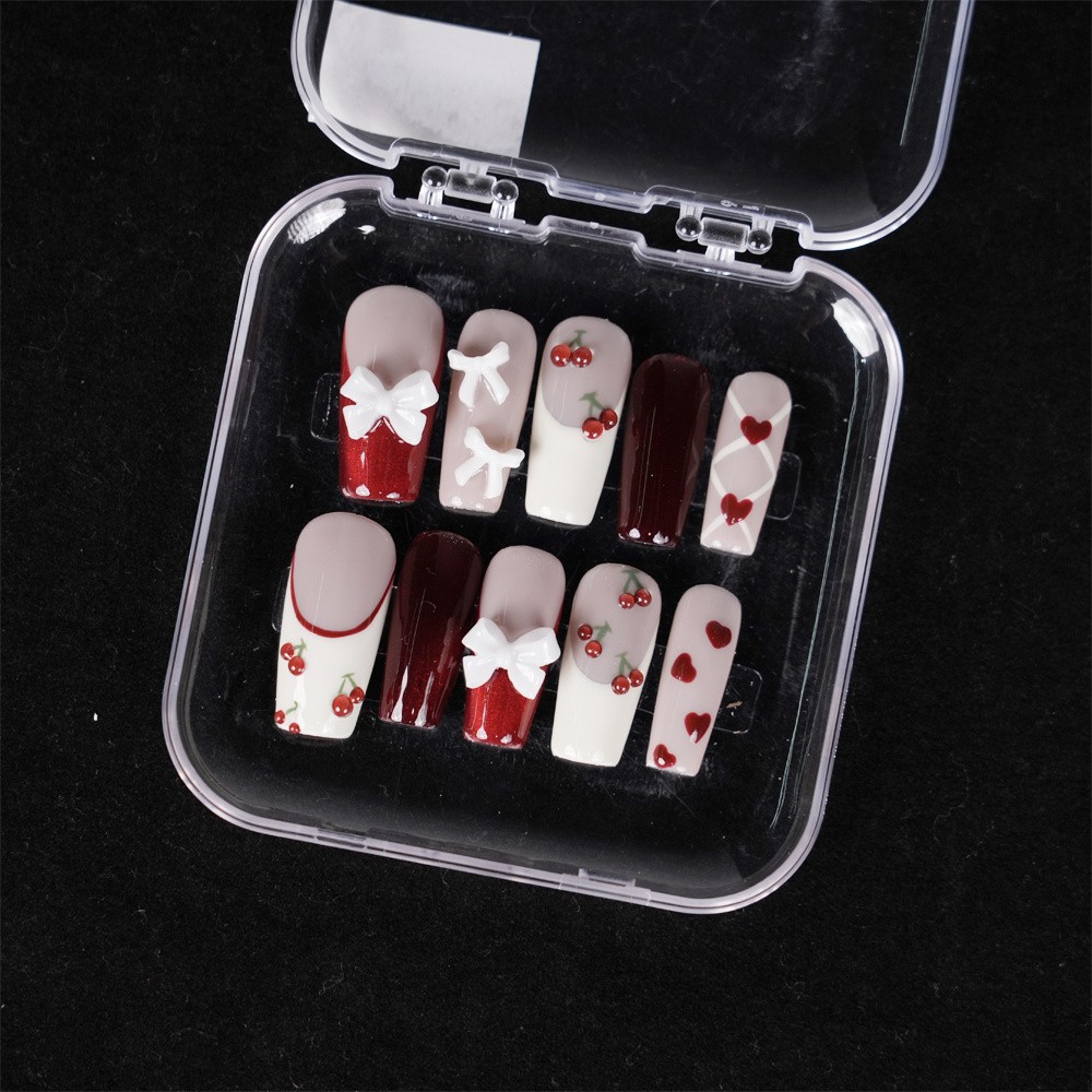 Handmade Red Cherry Press on Nails Bow Heart Vivid Glossy Fashion Fake Nails
