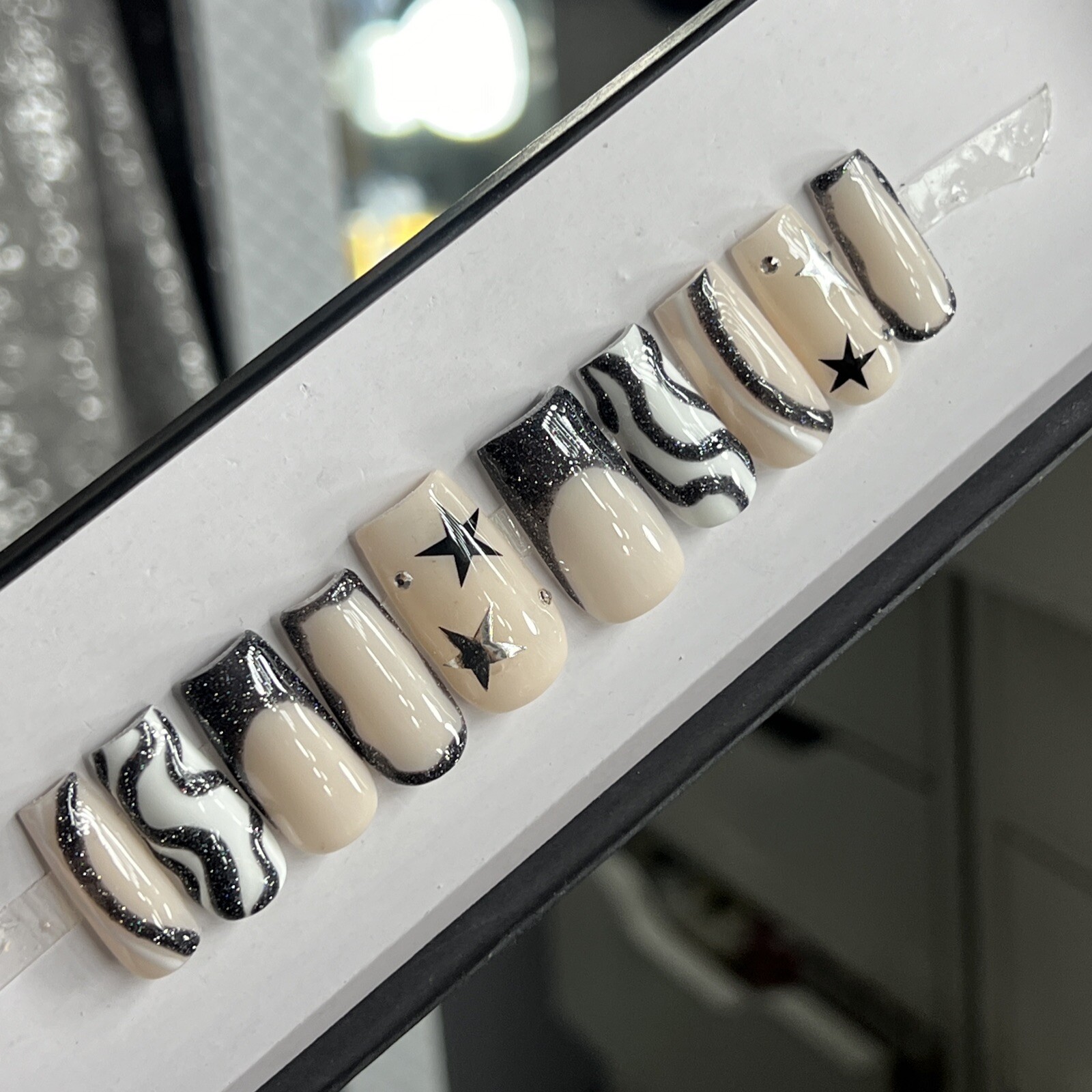 ✨ CUSTOM Hard Gel Press On Nails, Black White Nude Star W BLING 10p SET W Kit