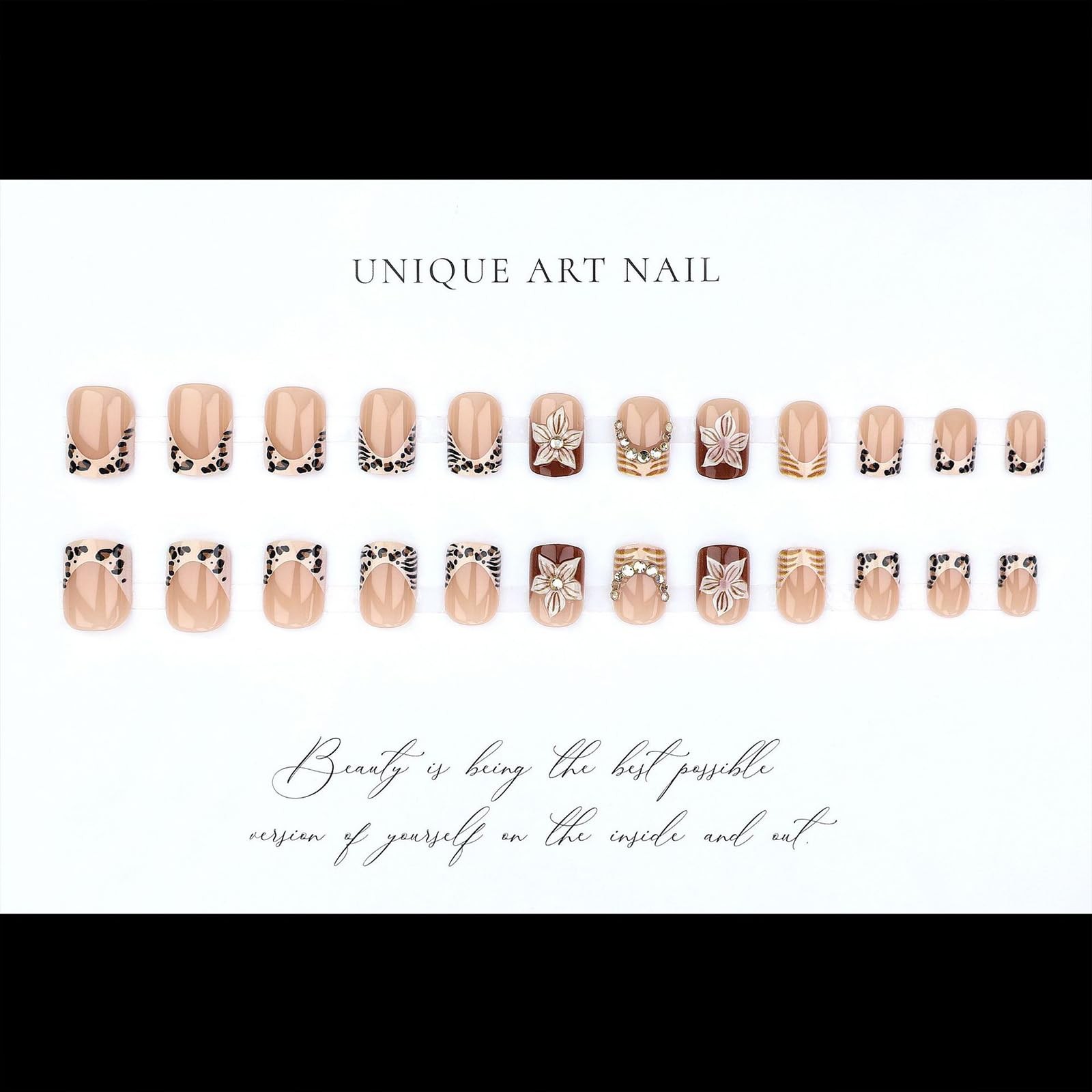 Jremg Leopard Print French Tip Press on Nails Short Square, Multicolor