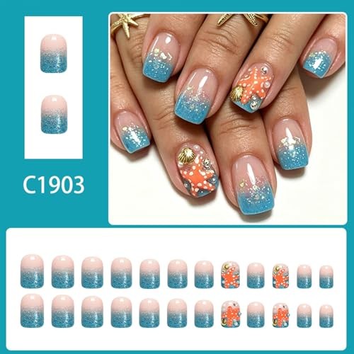 Blue Glitter Gradient Nails – Short Square – Fake Summer Nails – 11