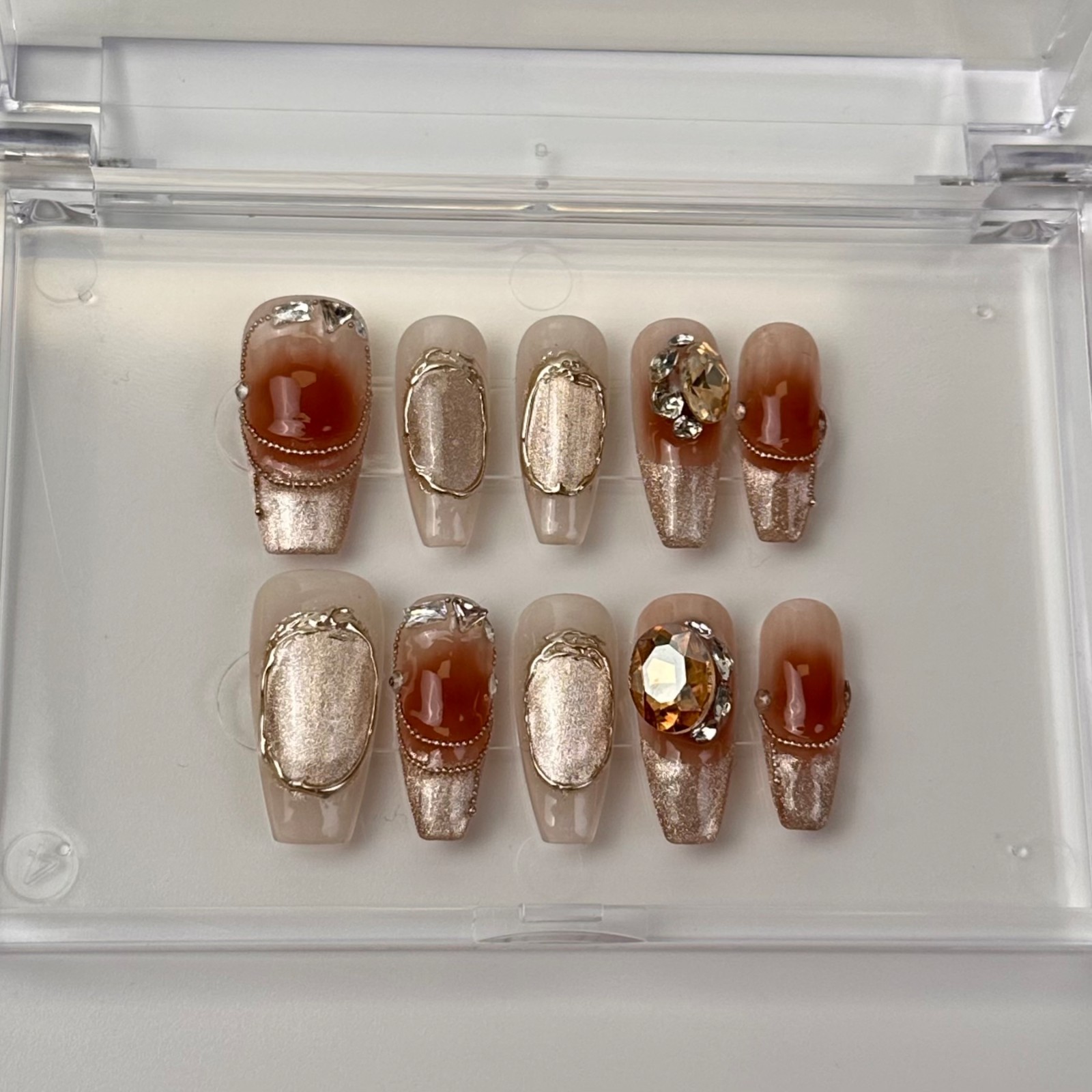 Marble Brown Cat Eye Amber Press On Nails, 3D Gold Luxury Handmade Nail Set
