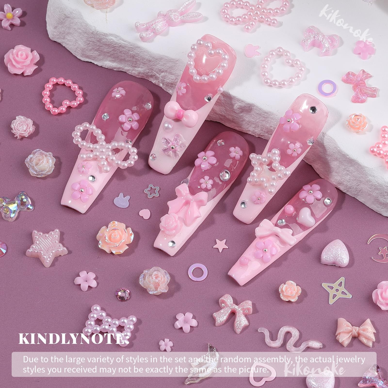 400Pcs Pink Nail Charms Kit, 3D Nail Gems and Rhinestones Flatback Pearls Mix…