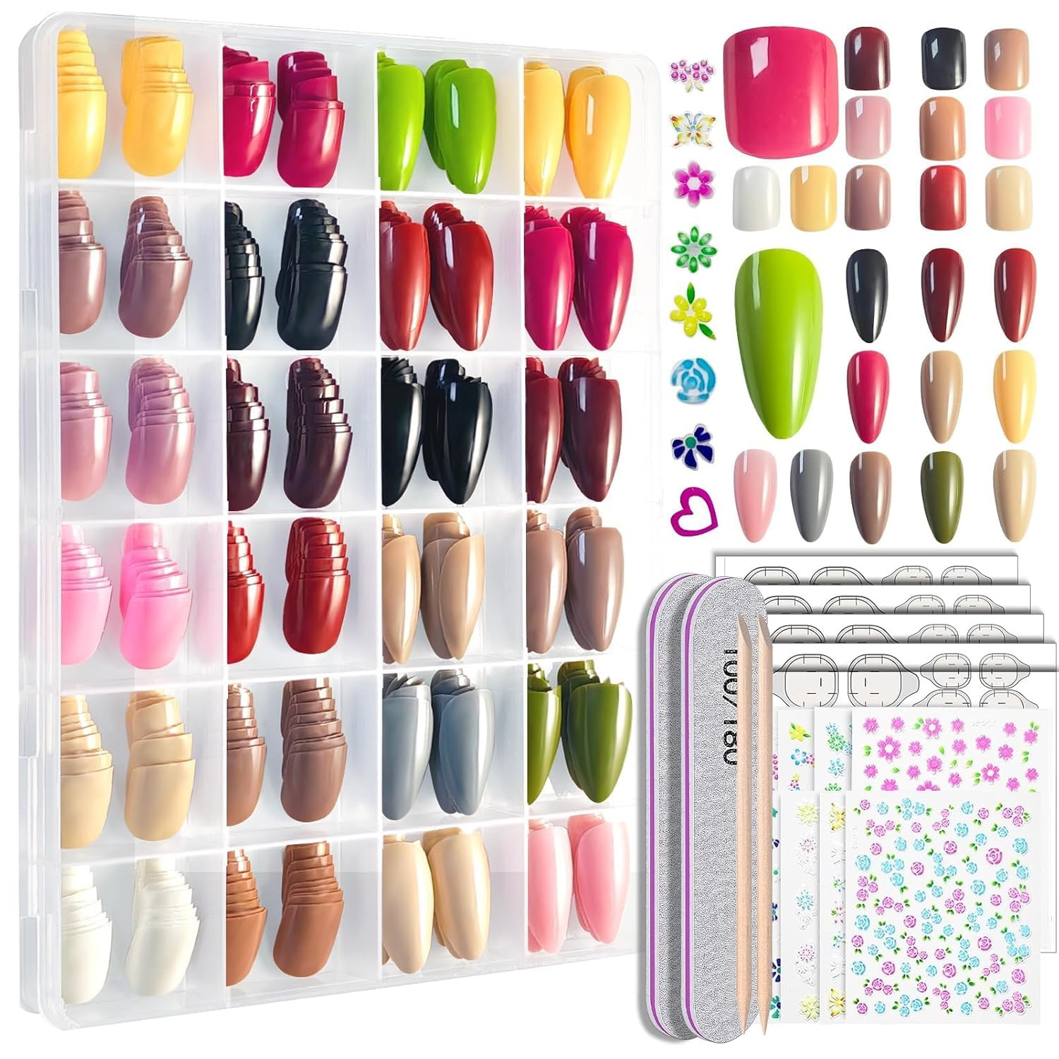 Press on Nails 576Pcs with 12Pack Glossy Medium Almond & Short round (Natural)
