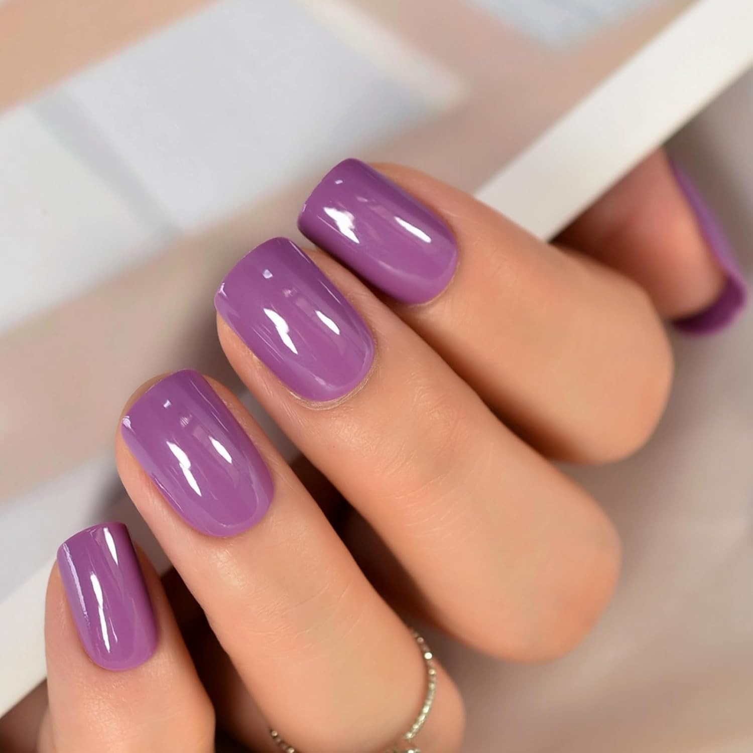 2 Sets Short Square Press On Nails – Pearl Pink French – Glossy Purple – NEW