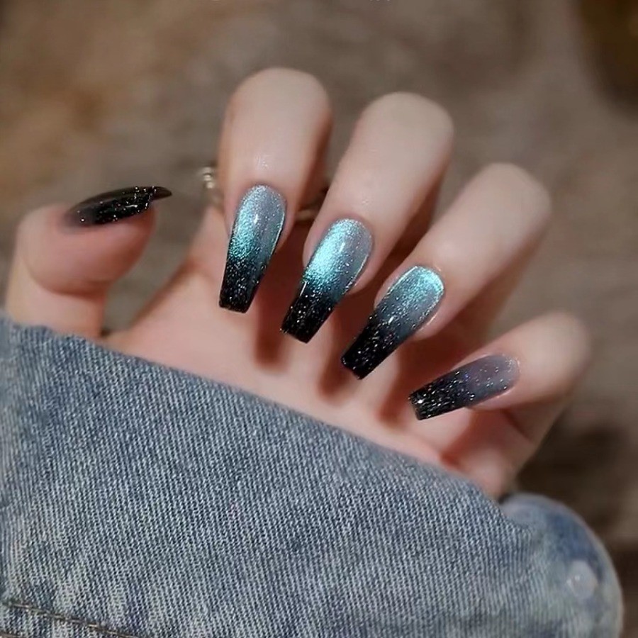 48pcs Long Taper Press on Nails, Black Teal Aurora Silver Glitter Ombre Nails