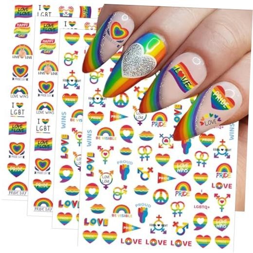 4 Sheets LGBTQ+ Pride Nail Art Stickers for Women Men Rainbow Nail Art Decals