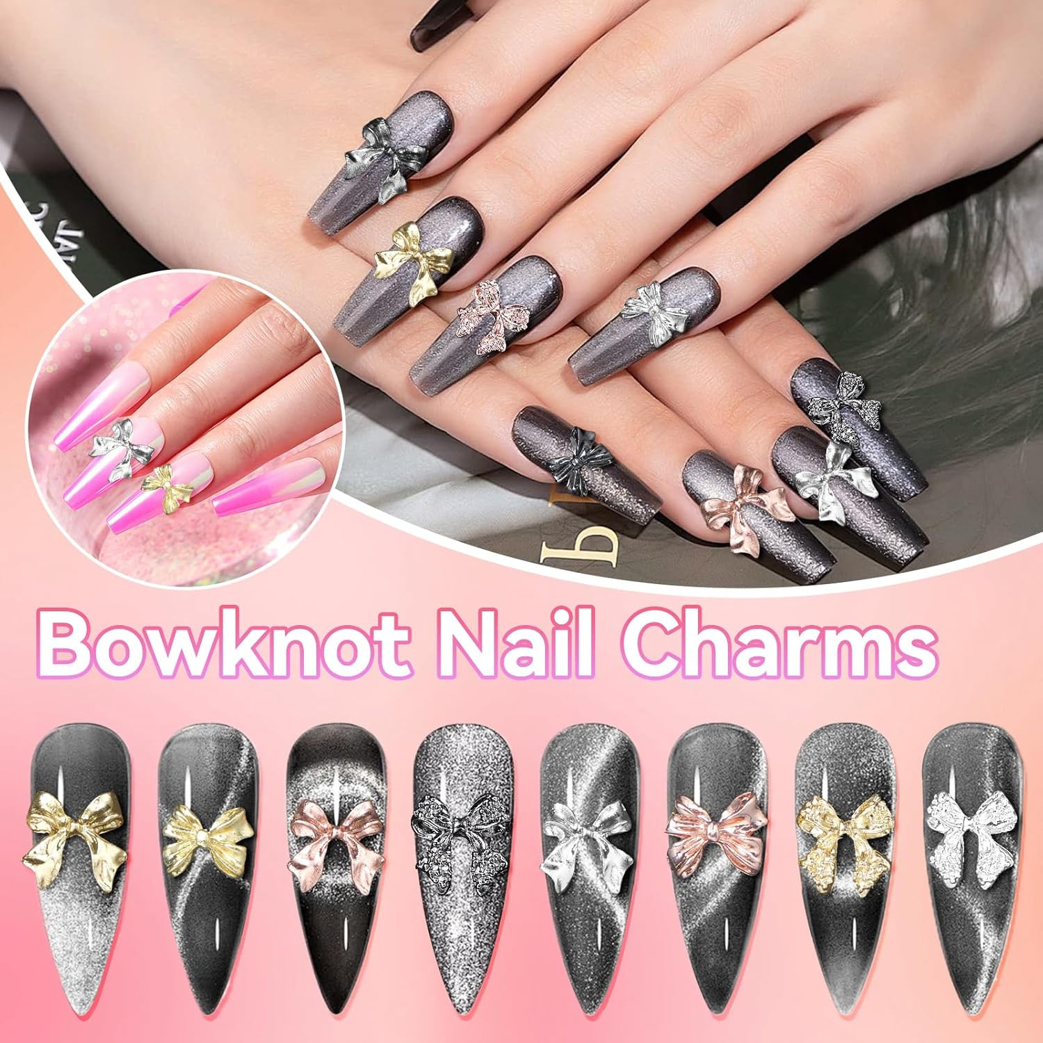 60 Pcs Metal Bow Nail Gems, 3D Alloy Bow Kont Nail Charms – 12 Styles Silver, Go