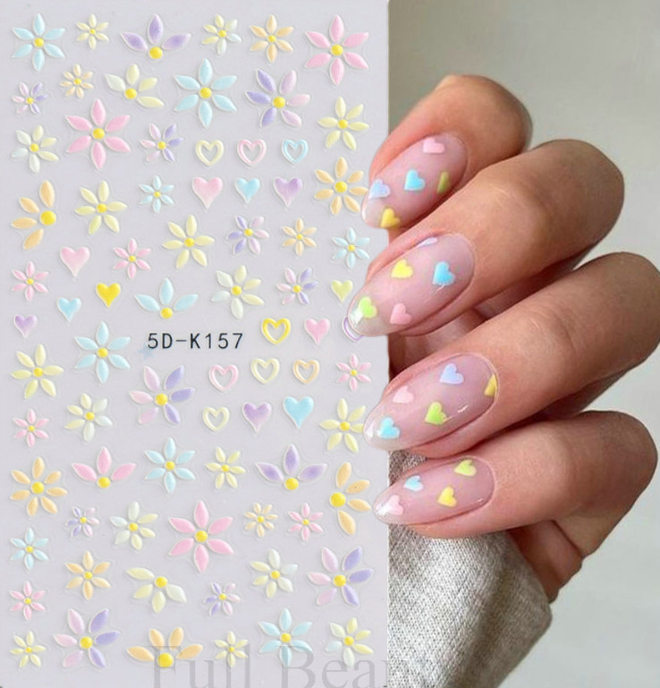 5D Nail Stickers Embossed Daisy Flower Bride Decals Nail Art Decoration DIY K157
