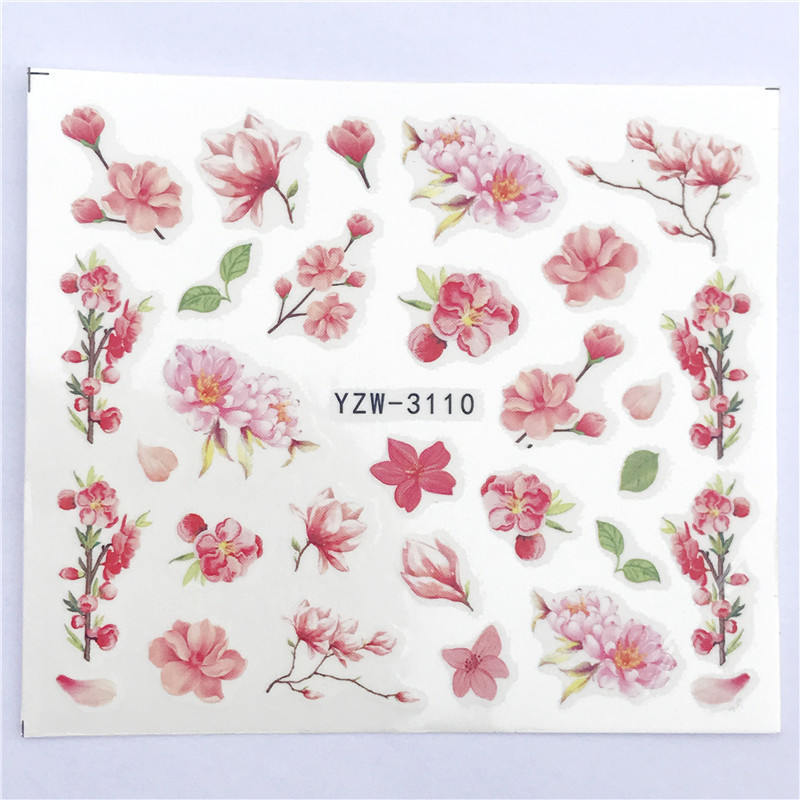 Nail Art Water Transfer Sticker Pink Flower Blossom Leaves Floral Decal Manicure