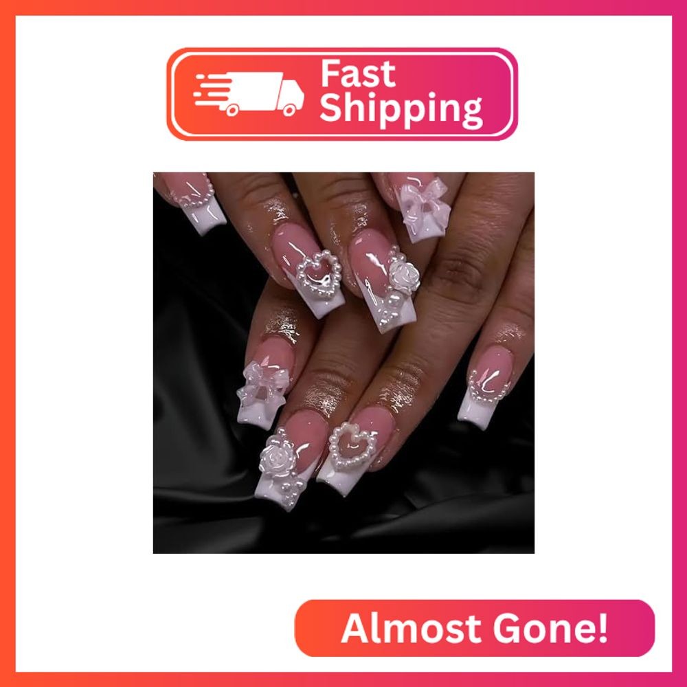 Mkwntg French Tip Press on Nails Medium Square Fake Nails Full Cover Coffin Fals
