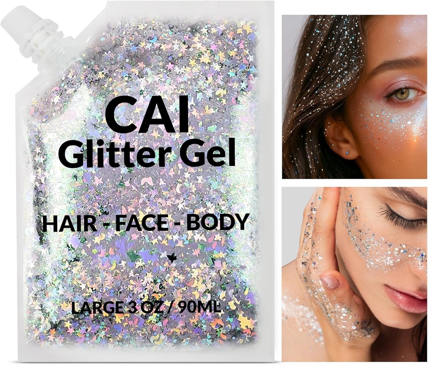 Long-Lasting Holographic Glitter Gel – Non-Toxic Body & Hair Makeup, 3 Oz