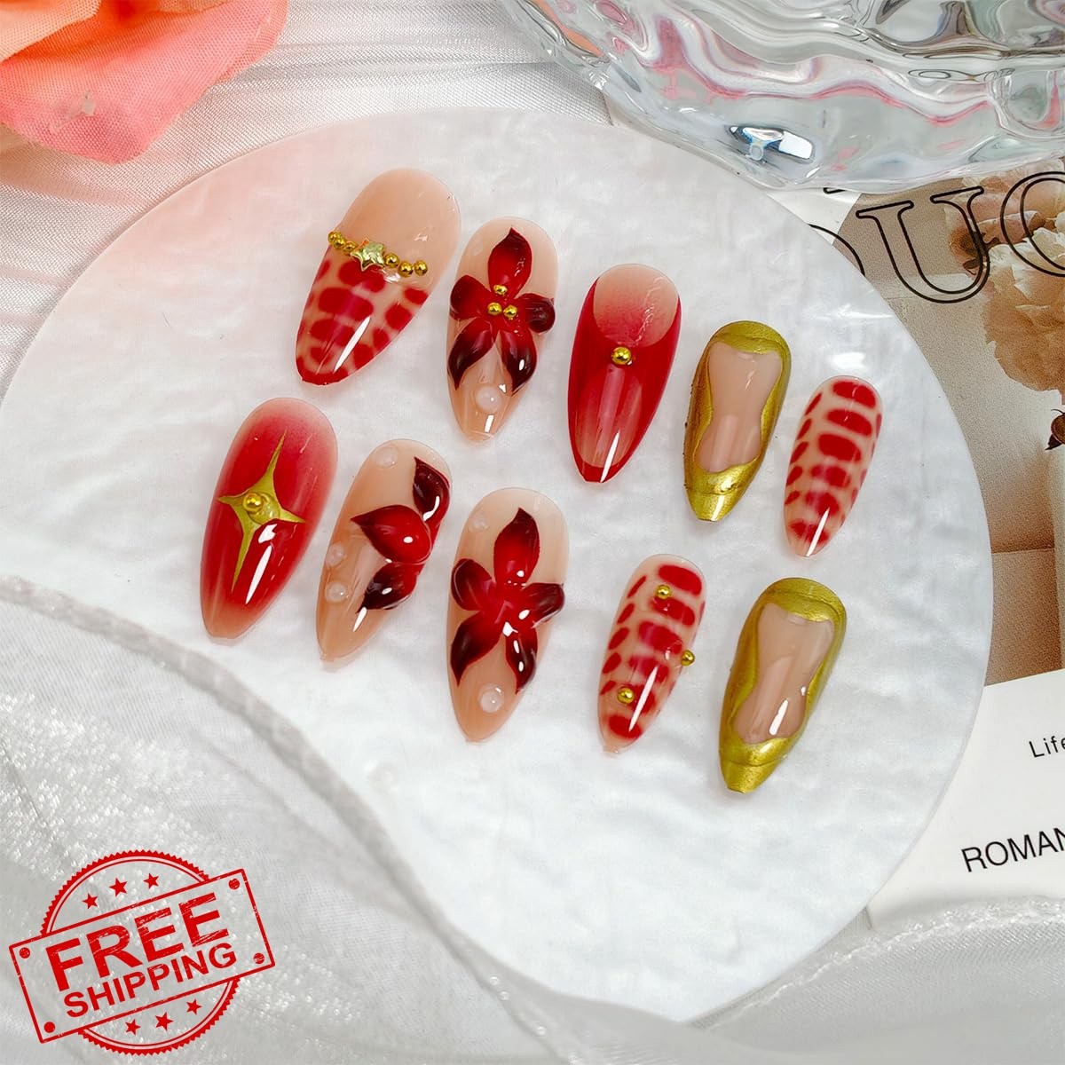 BMKKOT Flower Red Gradient Almond Fake Nails