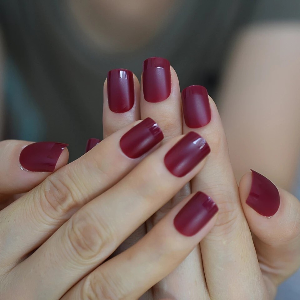 24 Short Burgundy Maroon Press On Nails kit glue on dark wine red purple berry