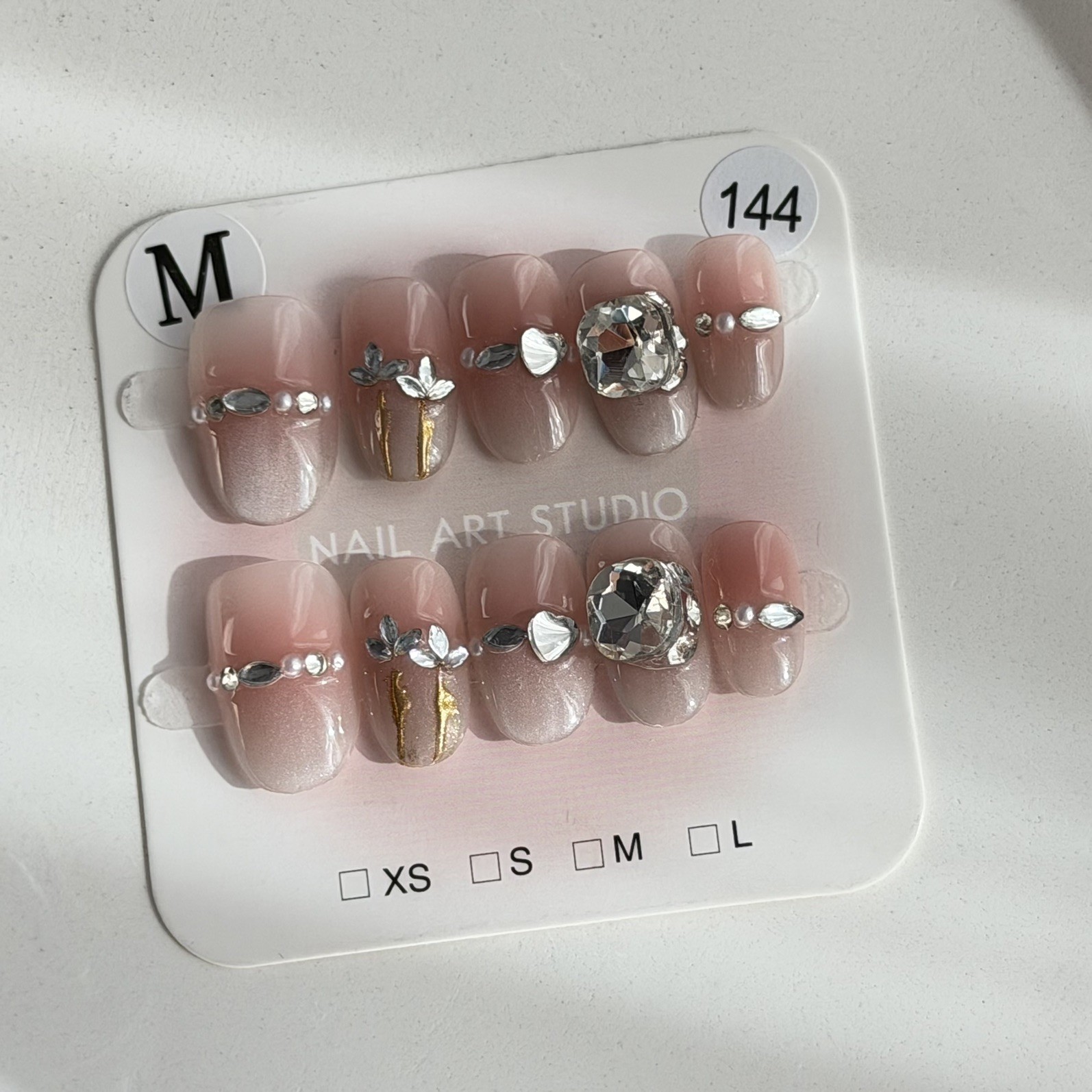 Handmade Pink Nude Flower Rhinestone Short Oval Press-On Nails Size M Reusable