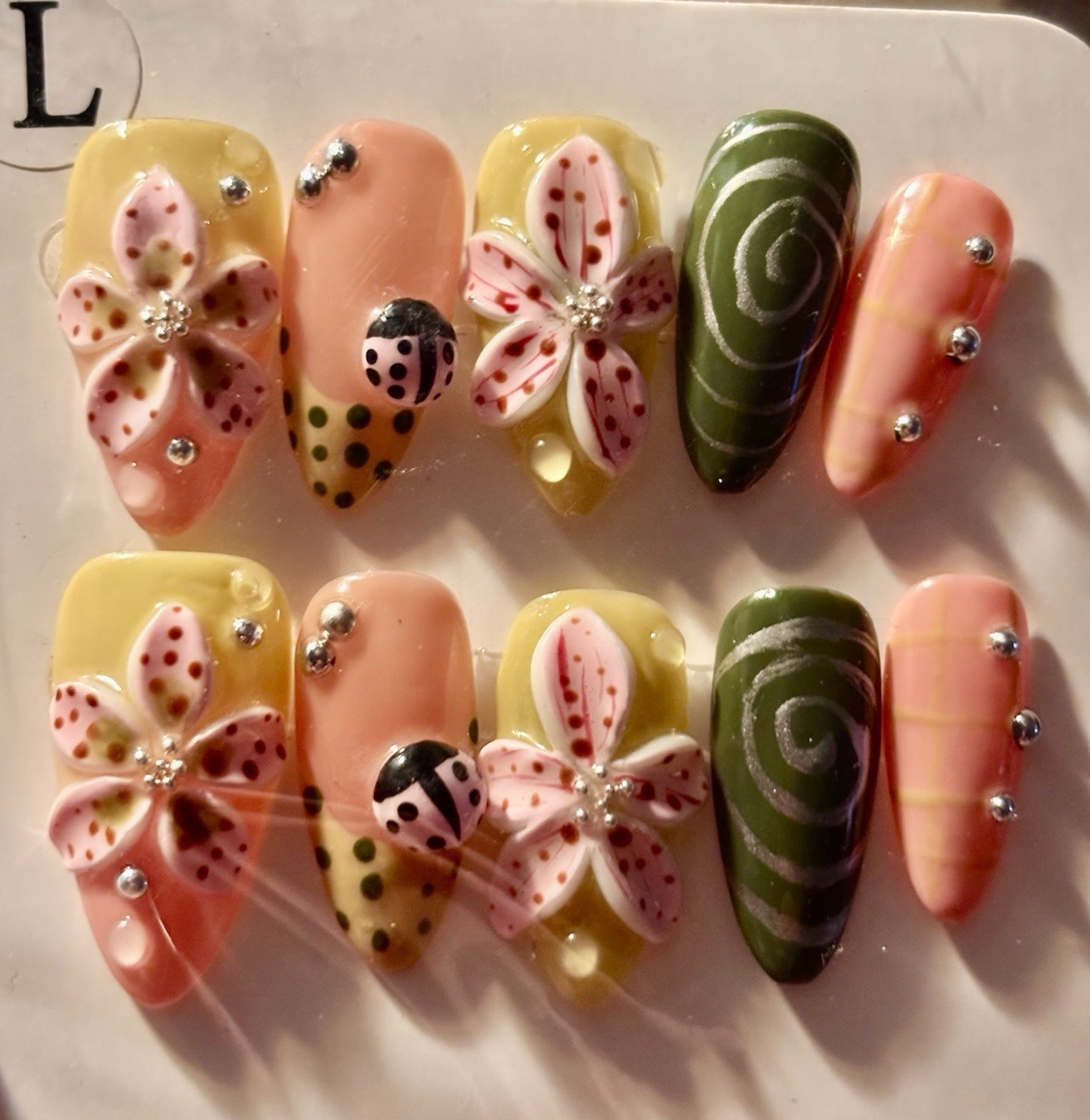 SU YUE NAIL Pink/Yellow/ Large 3D Flower Press-On Nails Long Almond Full Cover