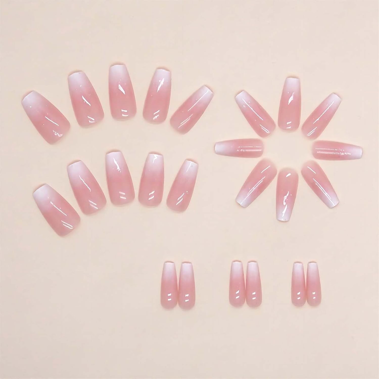 24 Pcs Ombre Glitter Coffin Press On Nails – Glossy Art Deco Design