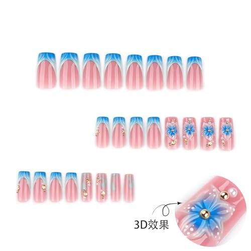 24 Pcs Blue French Tip Press on Nails Long Square Flower Press on Nails-4