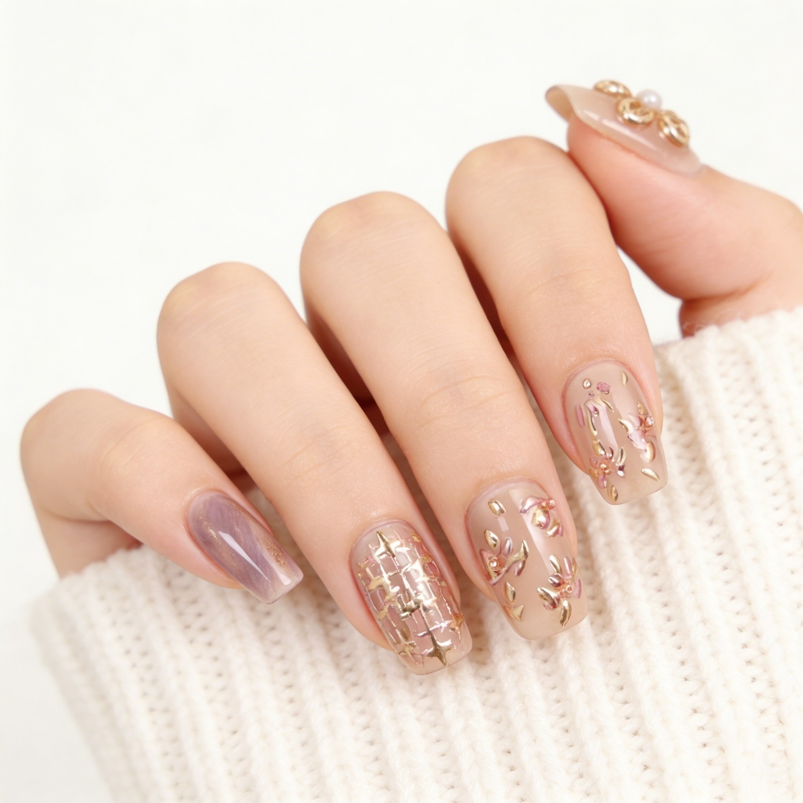 Pink Purple Press On Nails Short Square Gold Flower Pearl Handmade Set gift
