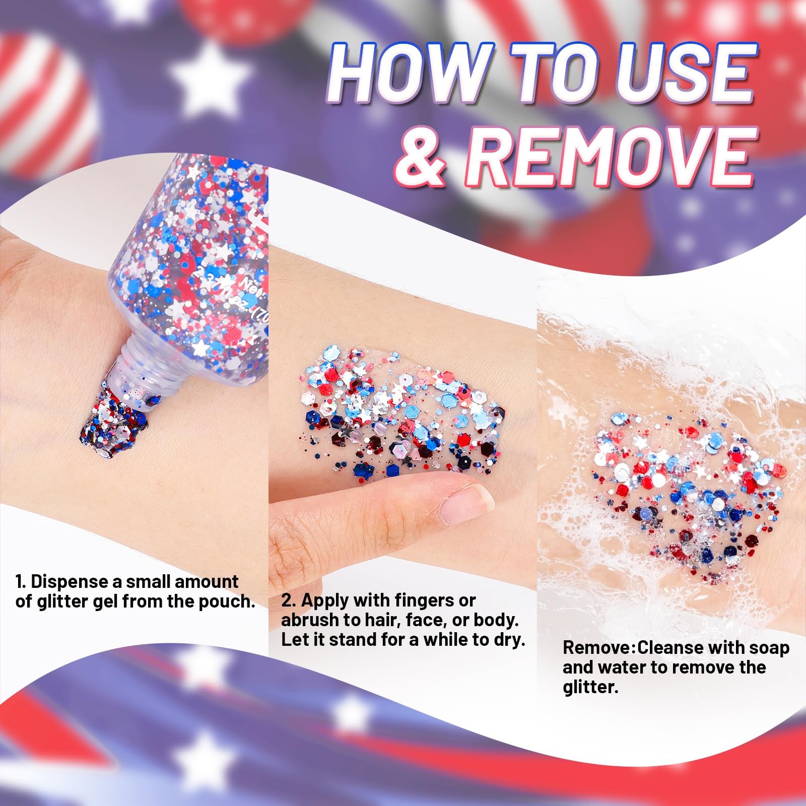 Flag Star Glitter , Red White Blue Star for Body Hair, Patriotic Pride USA Fl…