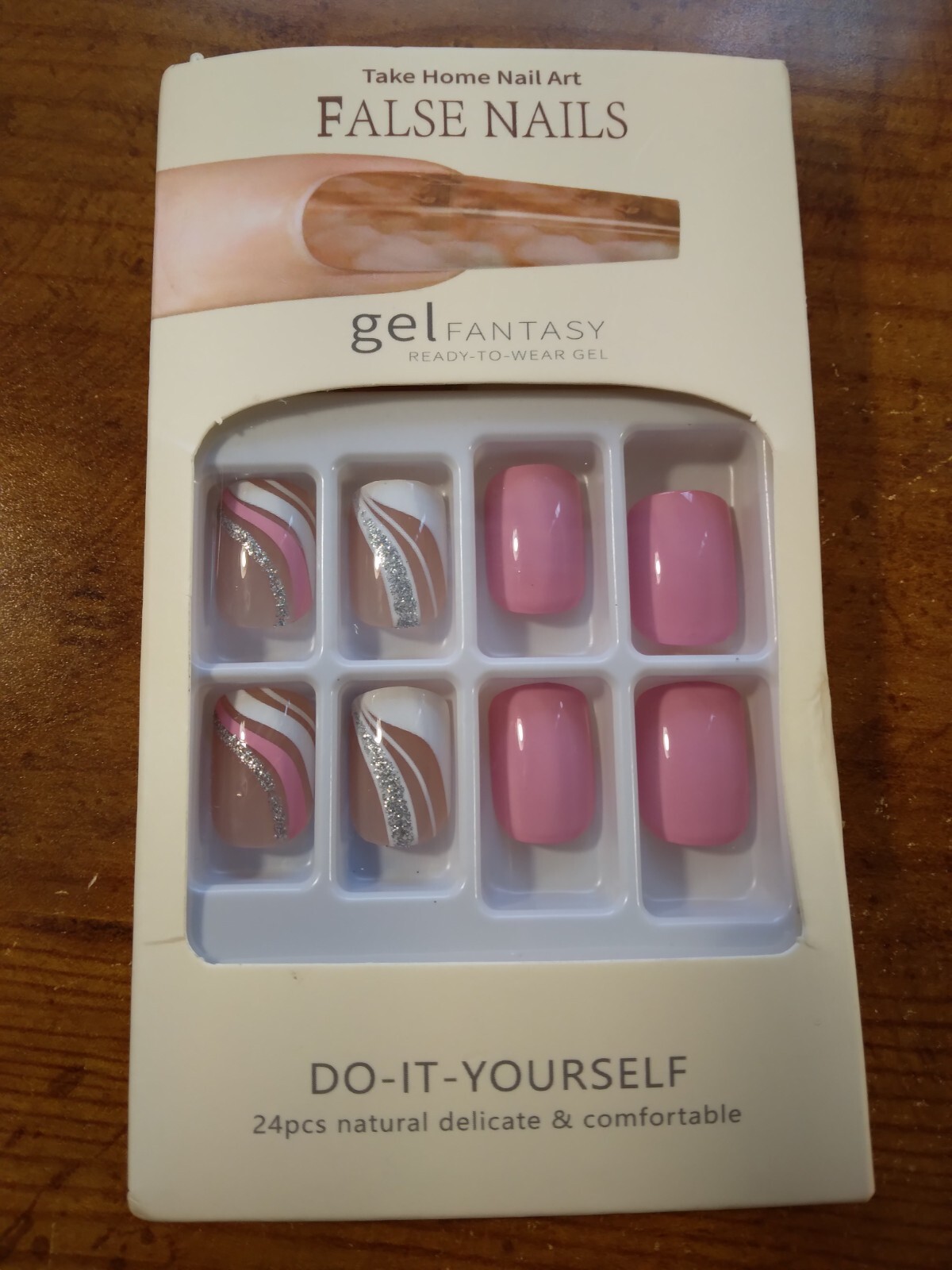 24 Piece finger nail set Pink with silver sparkle and white stripes 274086