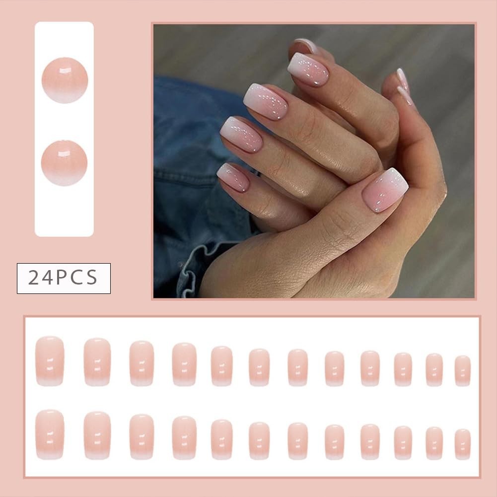 24Pcs Glamorous Pink-White Ombre Acrylic Press-On Nails for Effortless Beauty