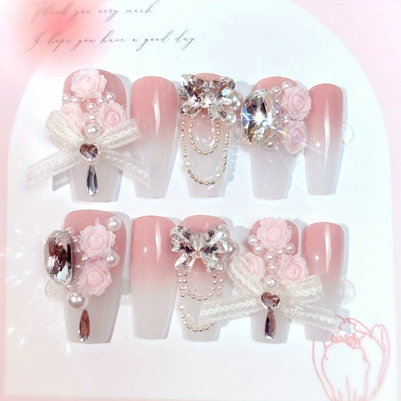 HandmadePinkGradient Flower Lace Bow Ballet NailsWearable For Daily Party