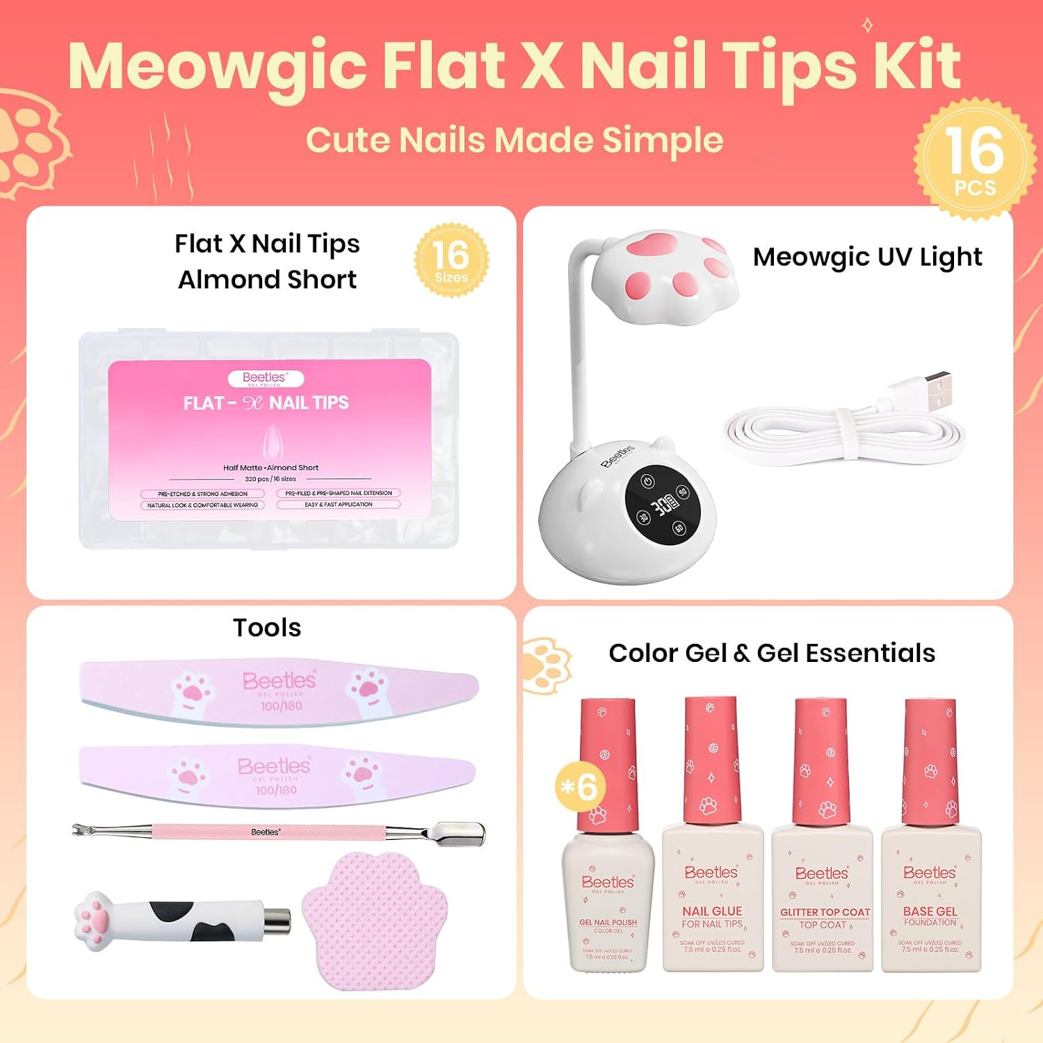 Flat-X Nude Cat Eye Nail Tips Kit with UV Lamp 320PCS Pre-Etched | 6 Magnetic Sh
