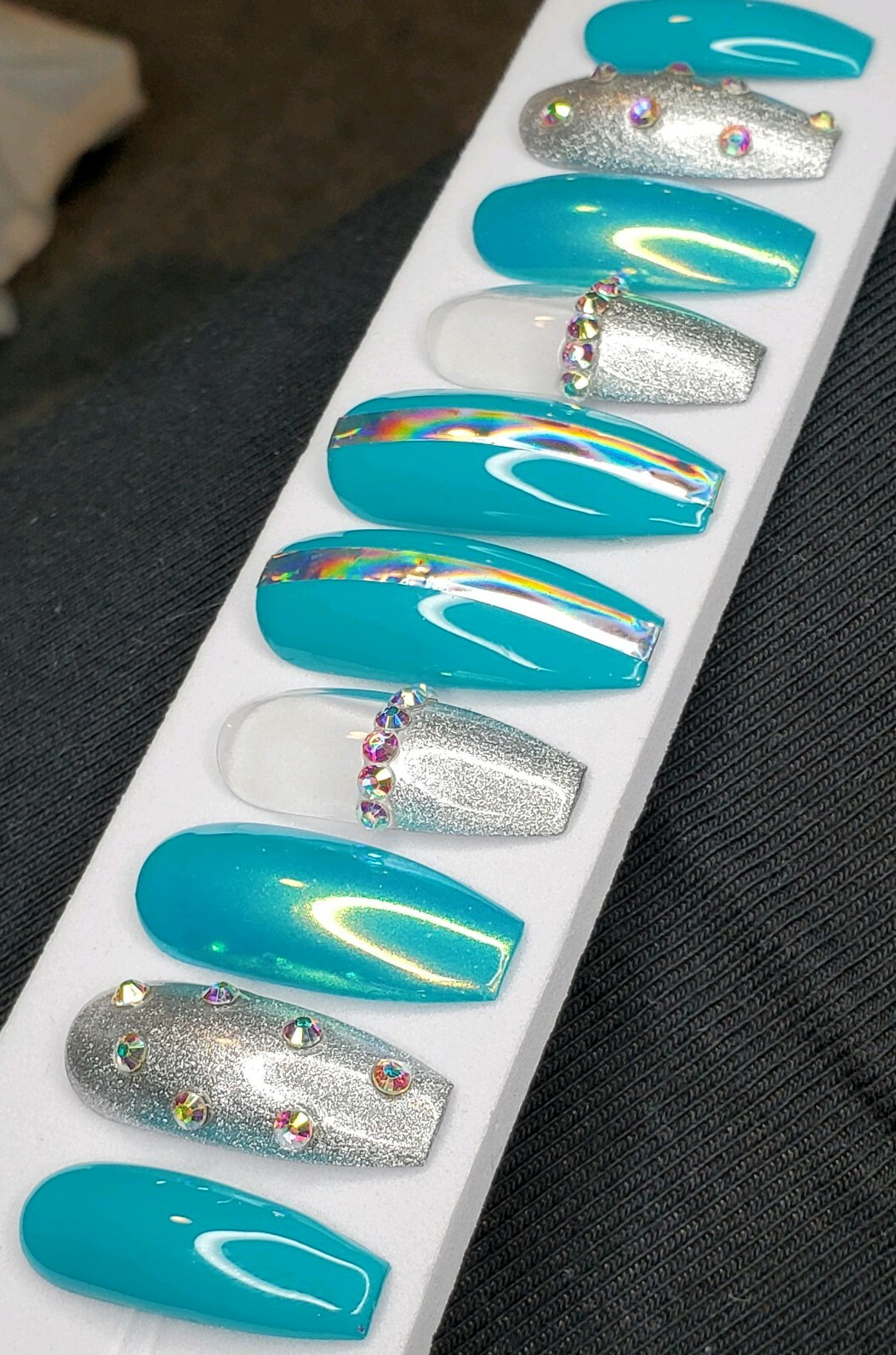 Teal & silver bling chrome holographic Press On nails long coffin turquoise blue