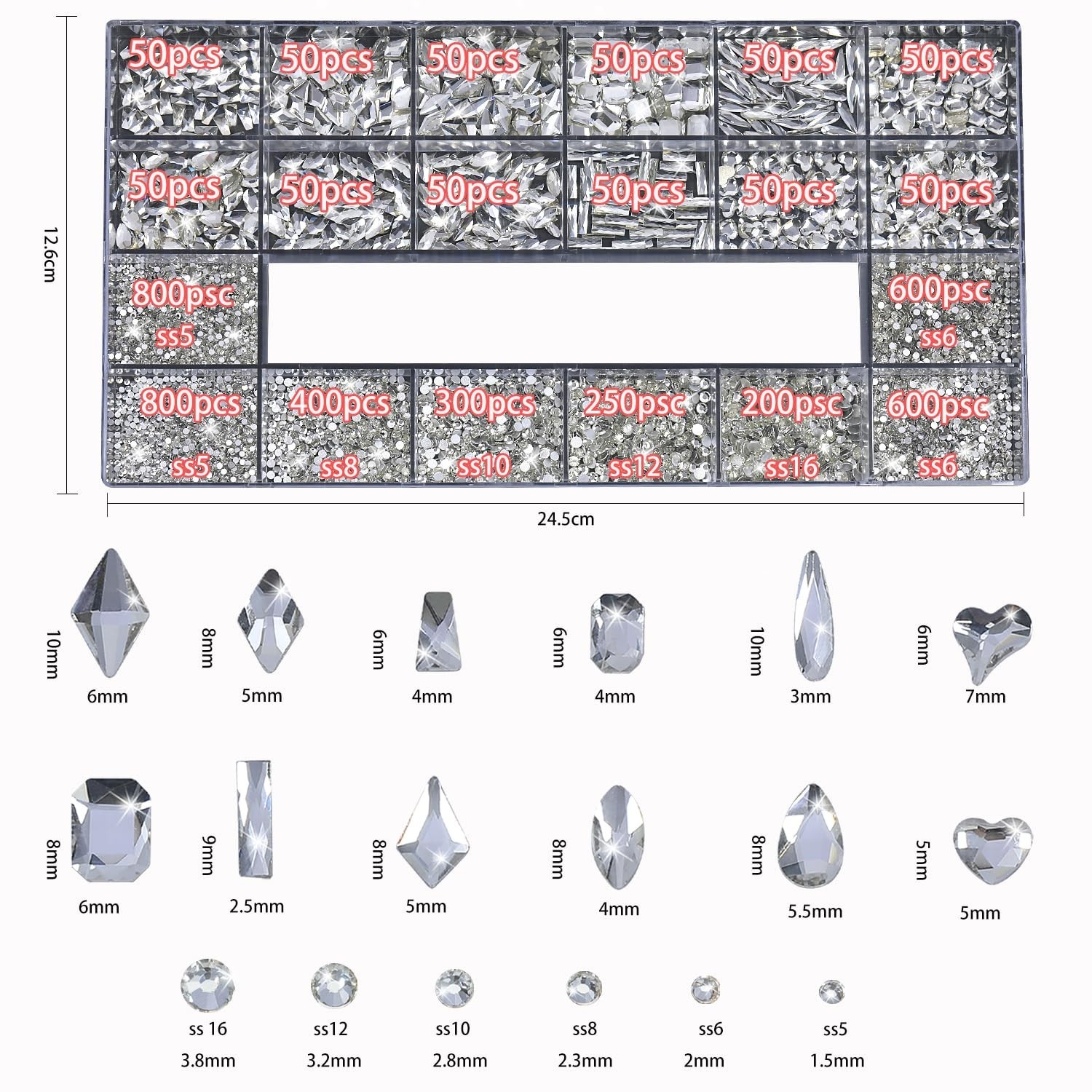 4550pcs Nail Rhinestones – Crystal Flatback Gems, Multiple Shapes, Art Kit & Glu