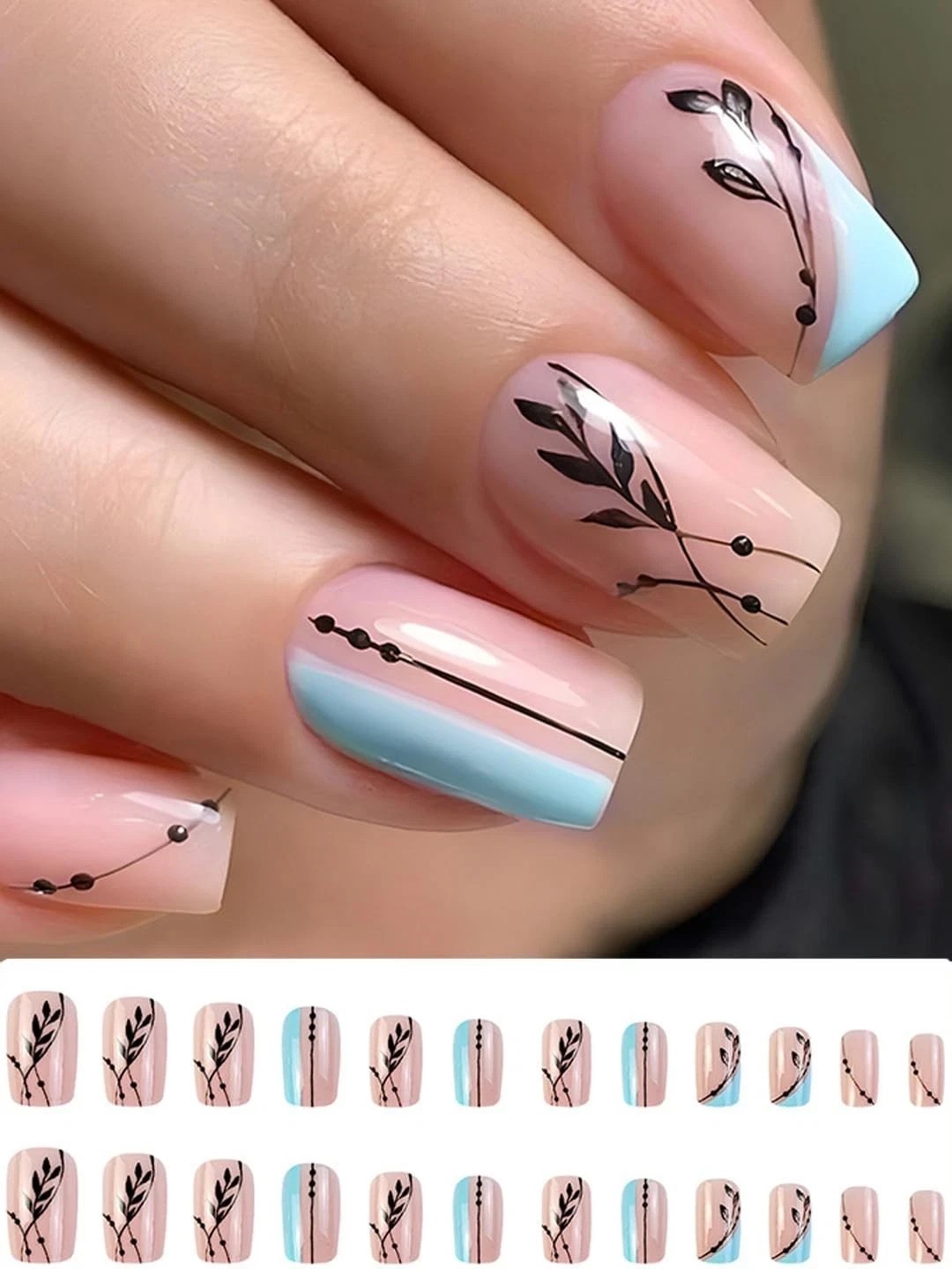Secret Lives Acrylic Fake False Reusable Artifical Press On Nails Black Leaves