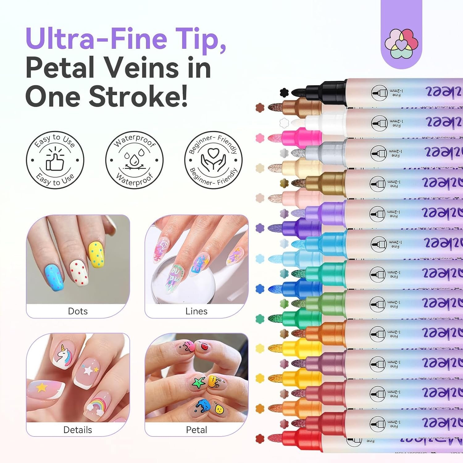 24 Colors Nail Art Pens Set, 20s Quick Drying Nail Polish Pens | 0.5-1mm Dual…