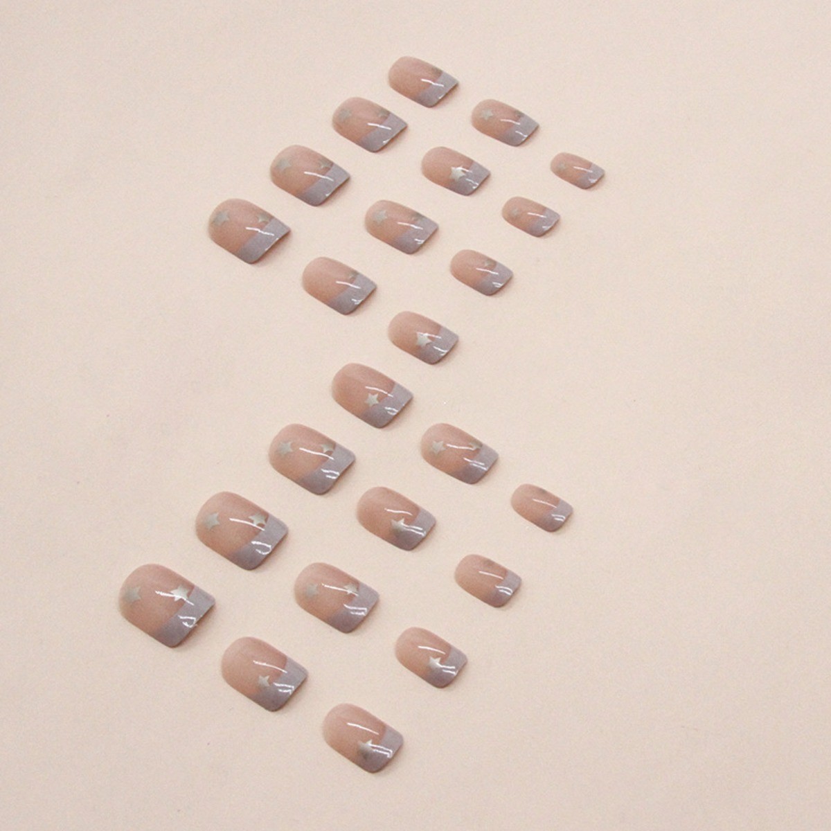 48Pcs-Short Square Milky White French Gold Star Silver Tiny Star Press on Nails