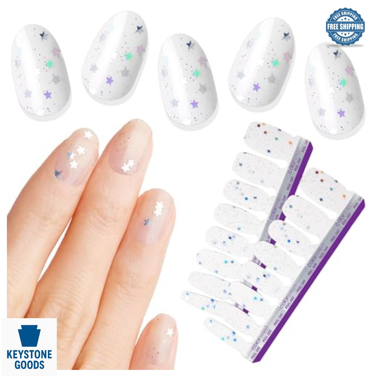 Nail Art Strips 16 Double-Ended Holographic Star Clear Glitter Overlay Peel