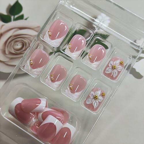 Flower White French Tip Square Press on Nails – Fake 5