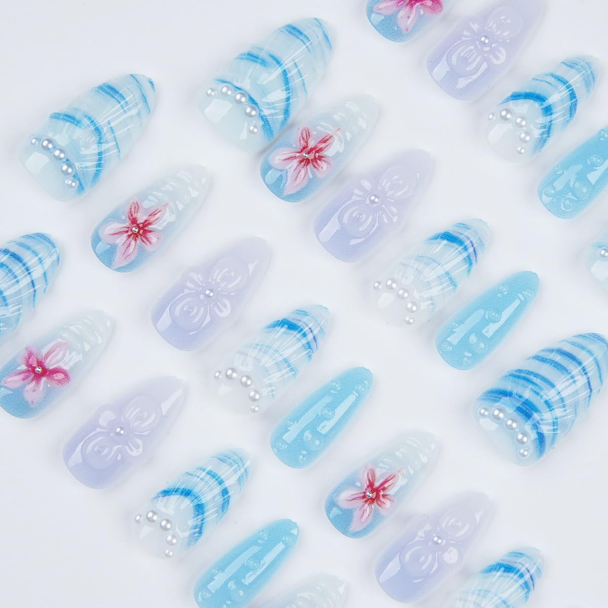 24Pcs Blue Press on Nails Medium Almond Fake Nails Summer Beach False Nails with