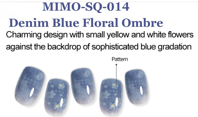 MIMO Press-On Nails Square Denim Blue Ombre with White Floral Accents, 24pCS