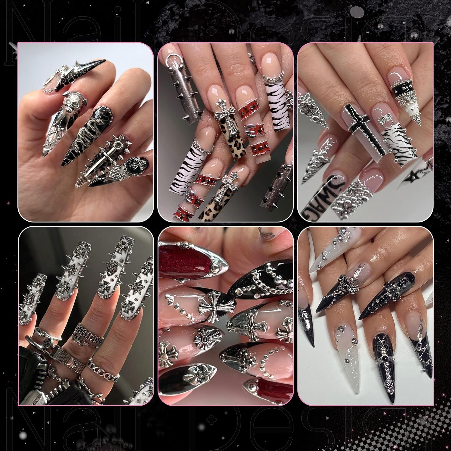 3D Gothic Nail 1.5Mm, 2Mm, 3Mm, 01 Punk Charms Kit 1 (Silver and Black)