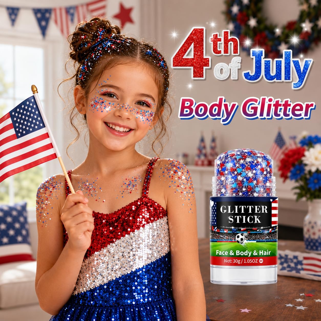 Red White Blue Glitter Stick for Hair Body, Waterproof Patriotic Glitter with…