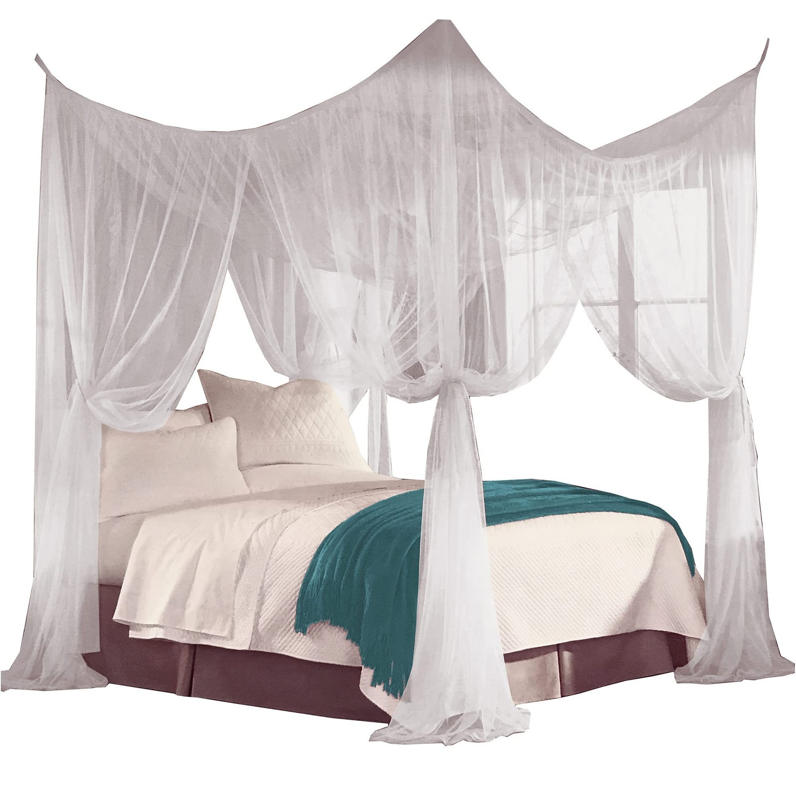 Just Relax Four Corner Post Decorative Elegant Bed Net Canopy Set, White, Ful…