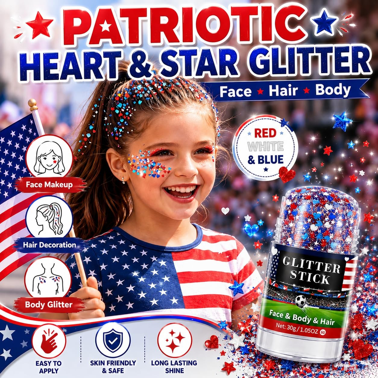 Red White Blue Glitter Stick for Hair Body, Waterproof Patriotic Glitter with…